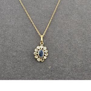 Gold Plated 925 Silver Necklace Blue Starburt Pendant Abstract Floral Peacock